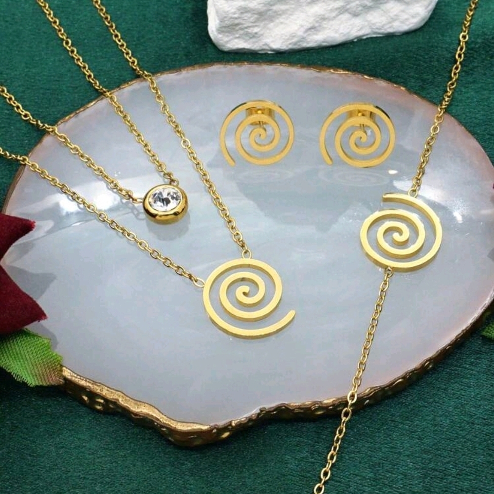 Gold Spiral Jewelry Set – Stainless Steel Necklace, Bracelet & Earrings